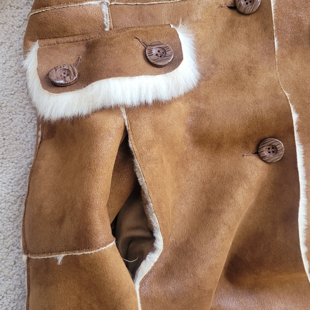 Stunning WILSONS Brown Long Faux Suede Fur Trim Sherpa Shearling Coat Y2K Sz M - Picture 11 of 12